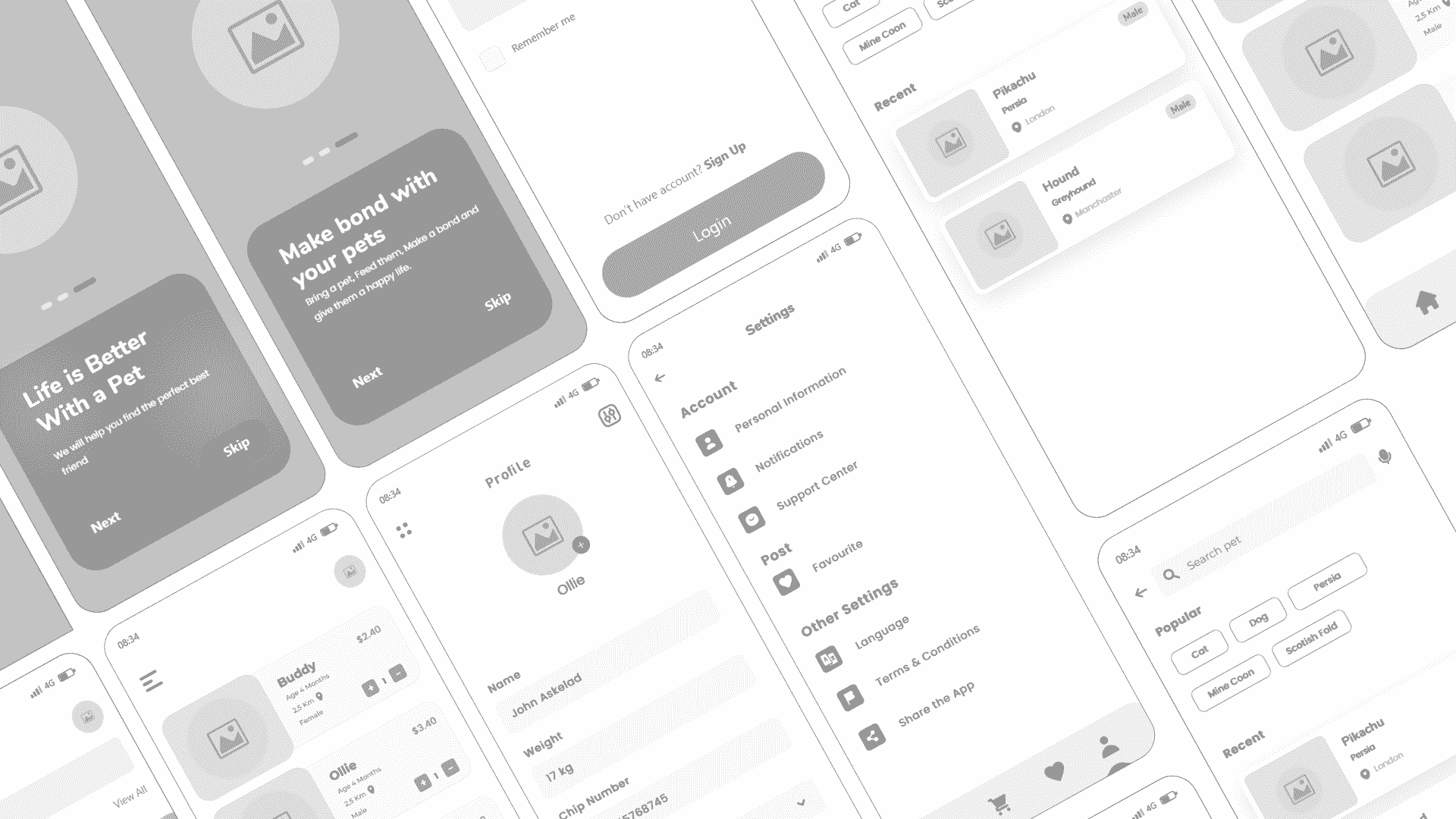 wireframes of pet lover
