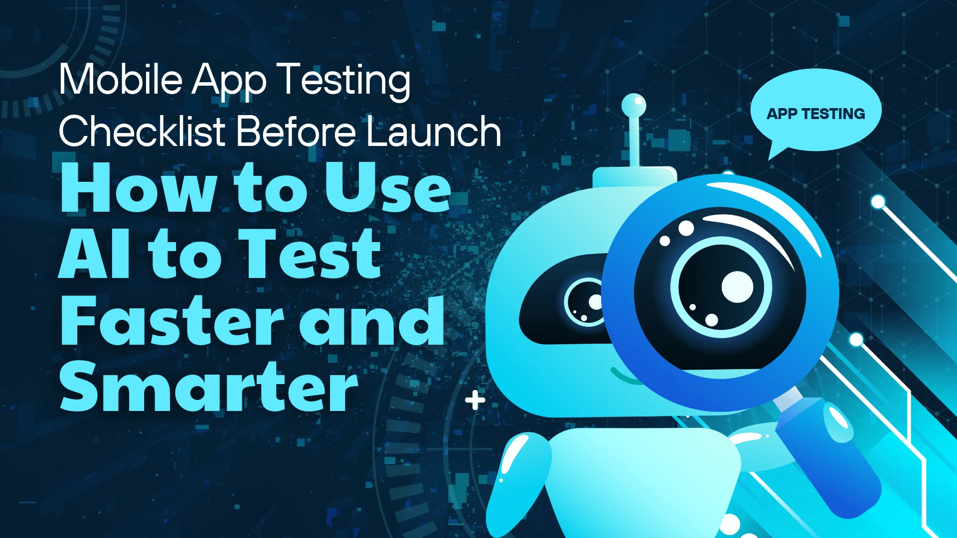 Mobile app testing checklist shown on a smartphone screen with QA tick marks and AI testing icons